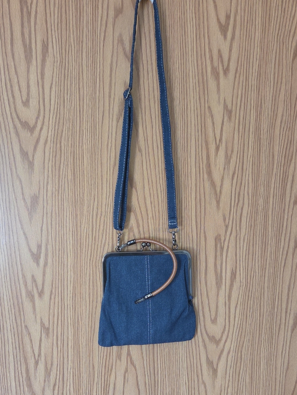 Source Unknown Blue Denim Crossbody Bag with Tan Top Handle